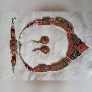 Genuine Composite Coral Tibetan Silver Necklace Bracelet and Earring set